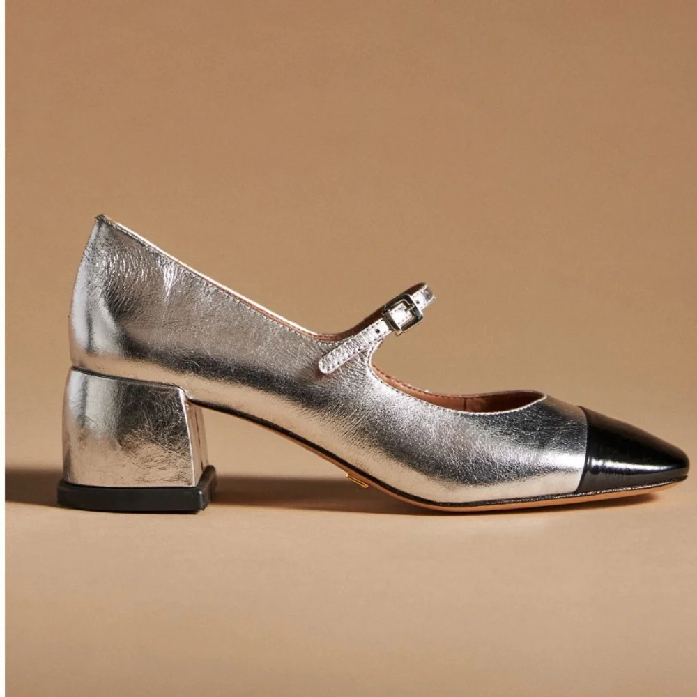 Anthropologie Vicenza ColorBlock MaryJanes Silver Patent Black Size 40 NIB
